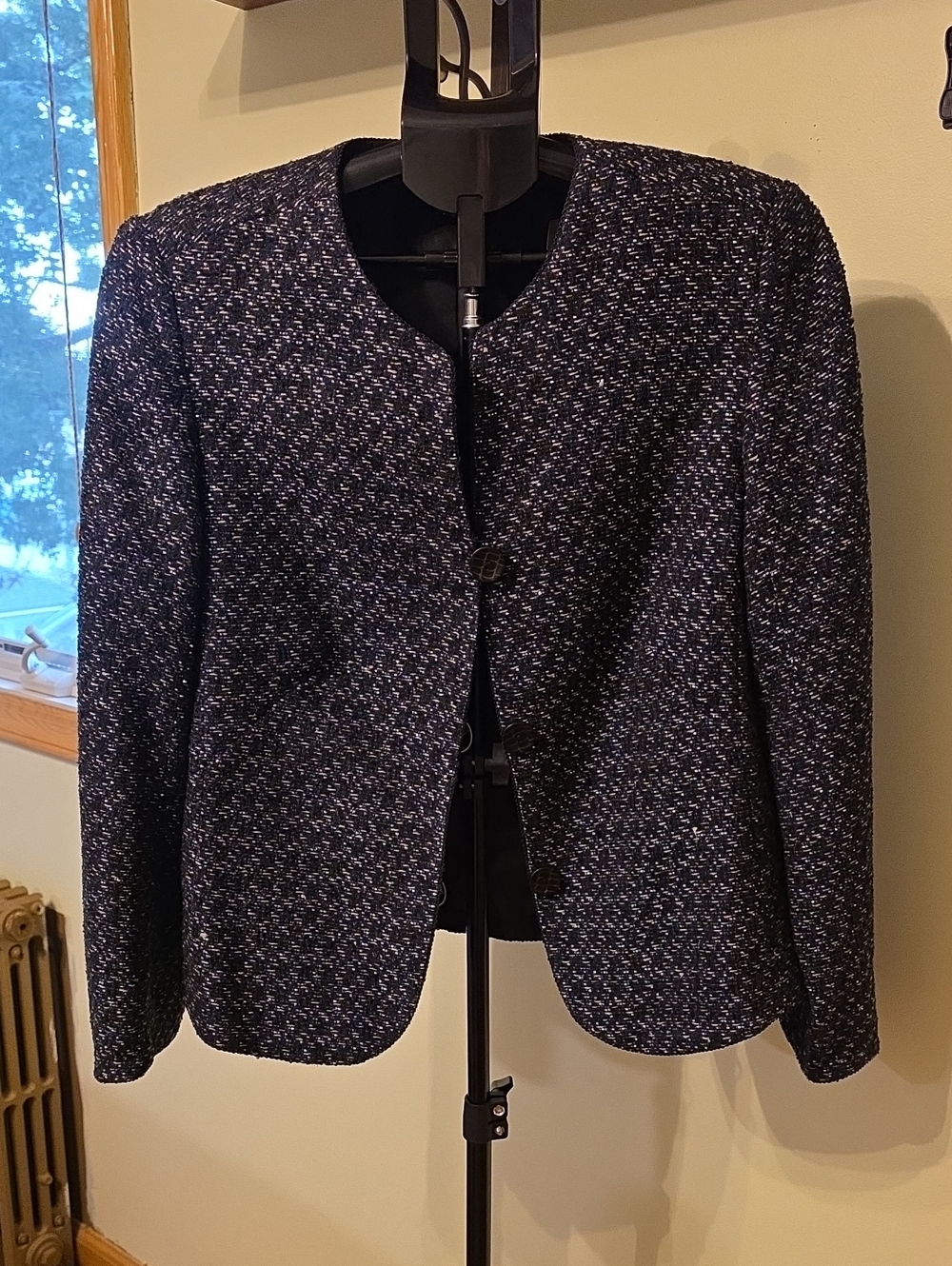 Classic Navy Tweed Collarless Women's Blazer
